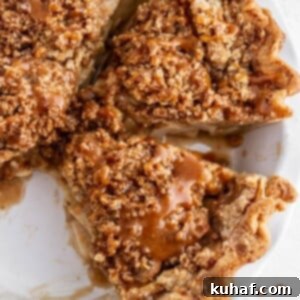 A beautifully sliced Dutch caramel apple pie, showcasing its golden crumb topping and rich apple filling.