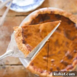 A perfectly portioned slice of Pumpkin Pie, elegantly served on a silver pie server, showcasing its smooth, spiced filling and crisp crust.