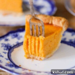 A close-up of one delicious slice of Mary Randolph's Sweet Potato Pie, perfectly presented with a fork, emphasizing its creamy texture.