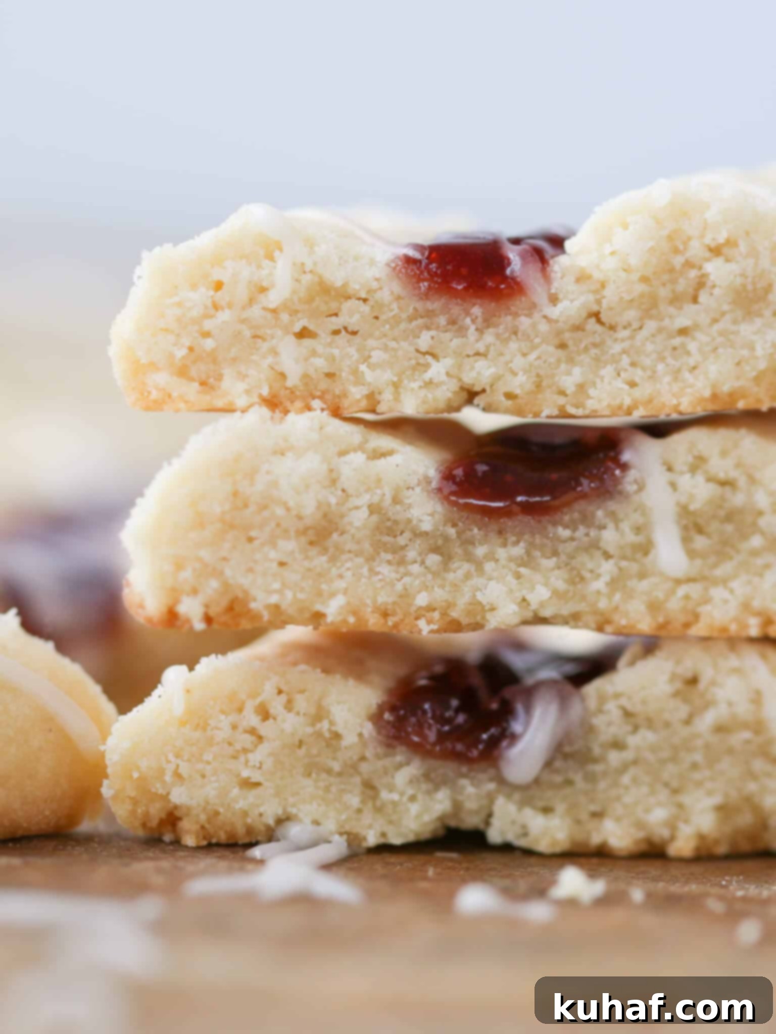 Elegant Raspberry Ribbon Cookies 4 Danish Raspberry Ribbon Cookies Interior - A close-up showing the cross-section of a cookie with the jam ribbon.