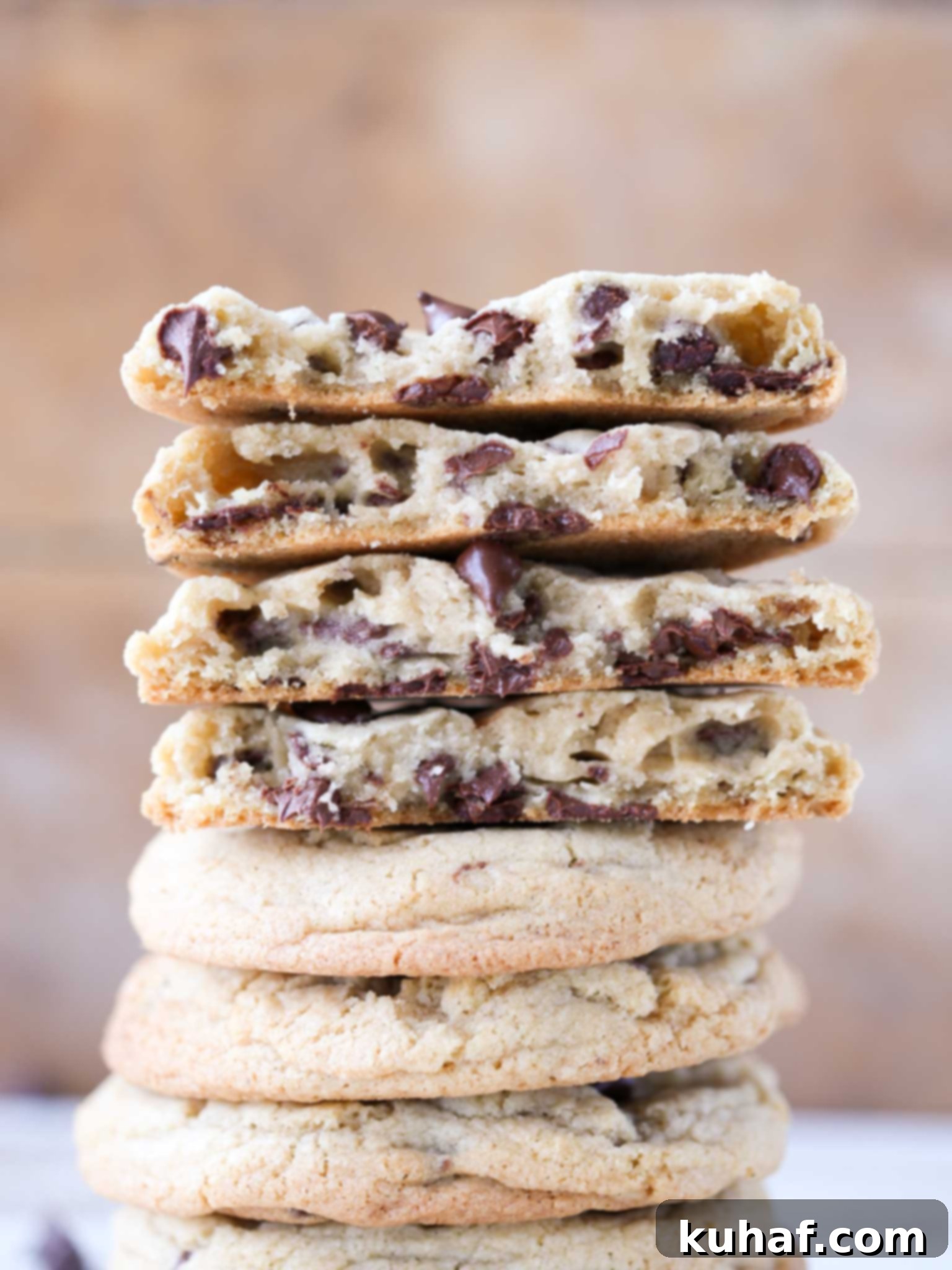 Stack of golden brown chewy chocolate chip cookies, perfect for dessert or Valentine's Day