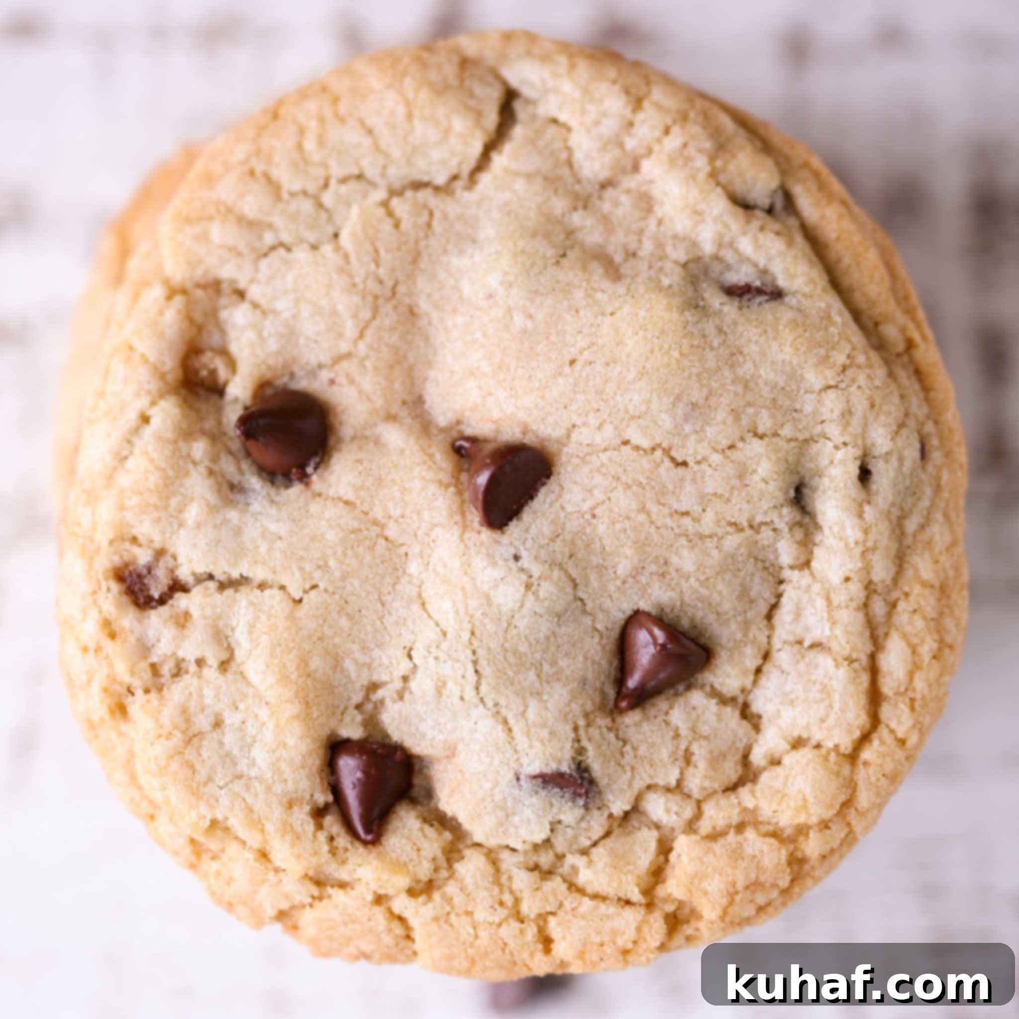 Close-up of a perfectly chewy chocolate chip cookie with melted chocolate chips