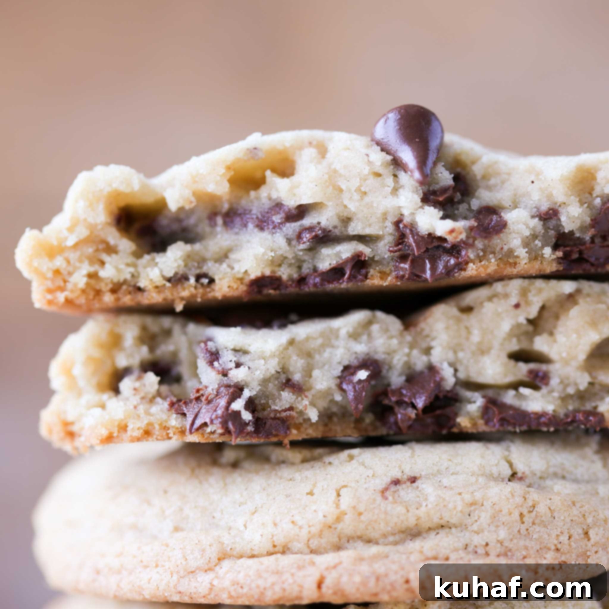 Batch of freshly baked thick chewy chocolate chip cookies on a cooling rack