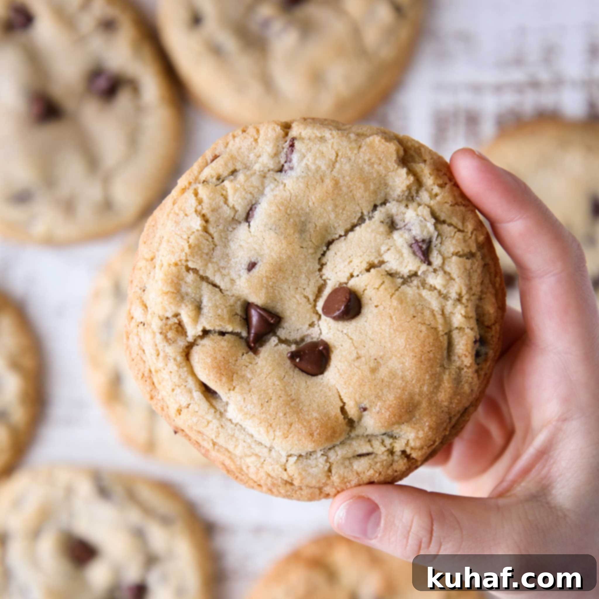 Soft, gooey chocolate chip cookie being broken in half to show its chewy interior