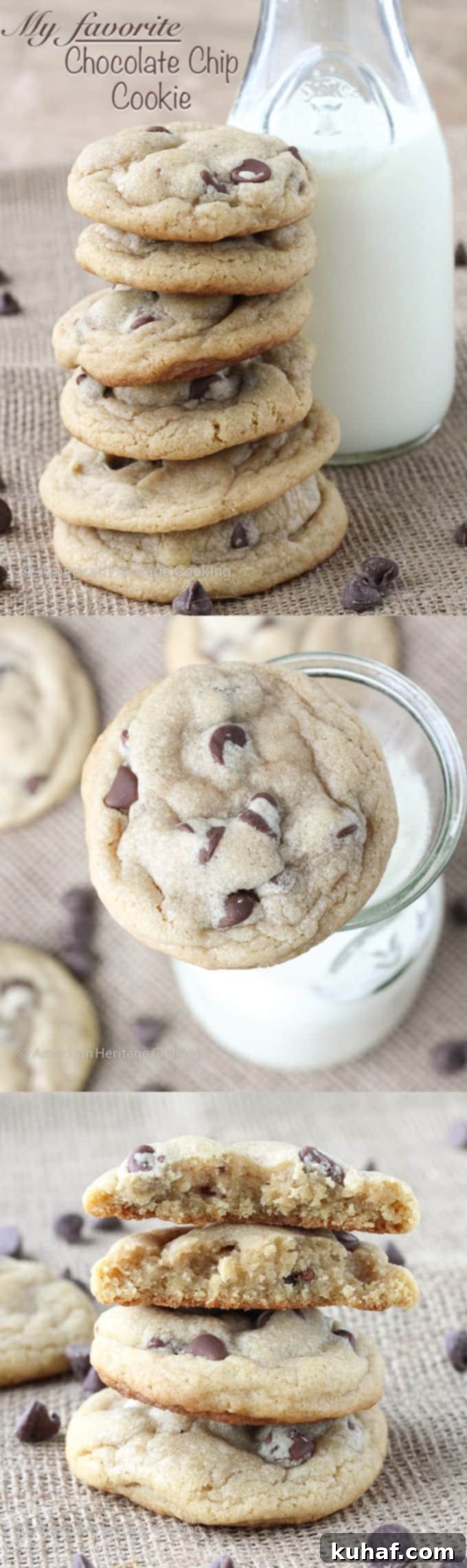 My favorite chewy chocolate chip cookies, close-up with a bite taken