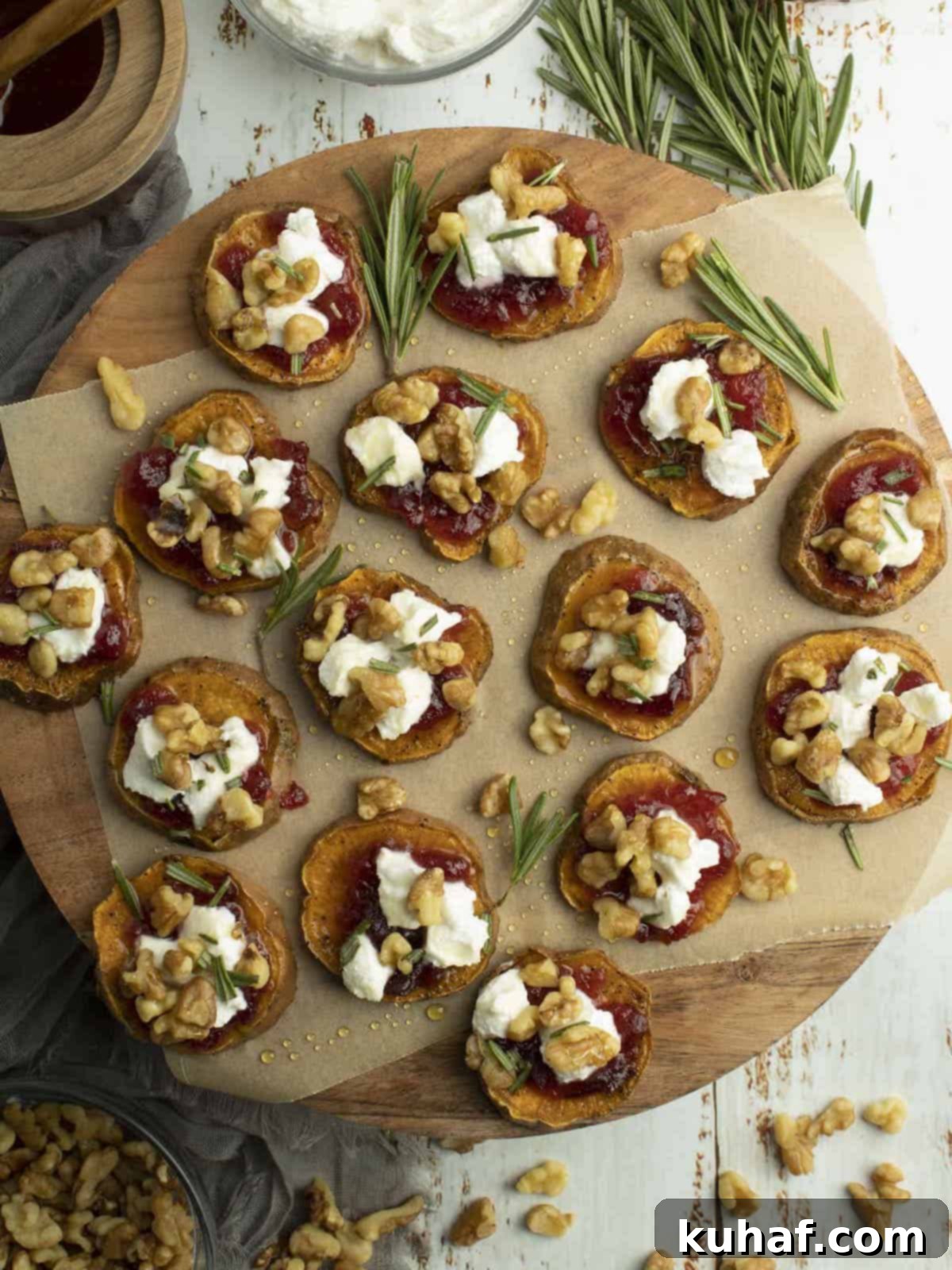 sweet potato bites on wooden board.