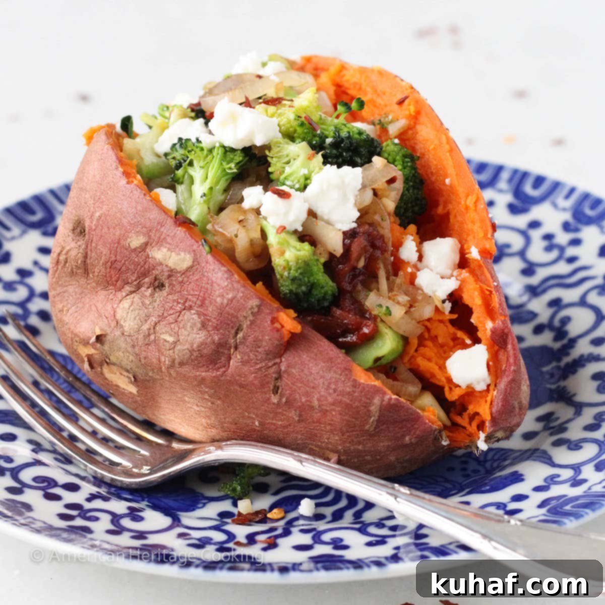 Vegetarian Stuffed Sweet Potatoes on blue plate