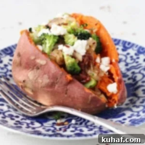 Vegetarian Stuffed Sweet Potatoes on blue plate