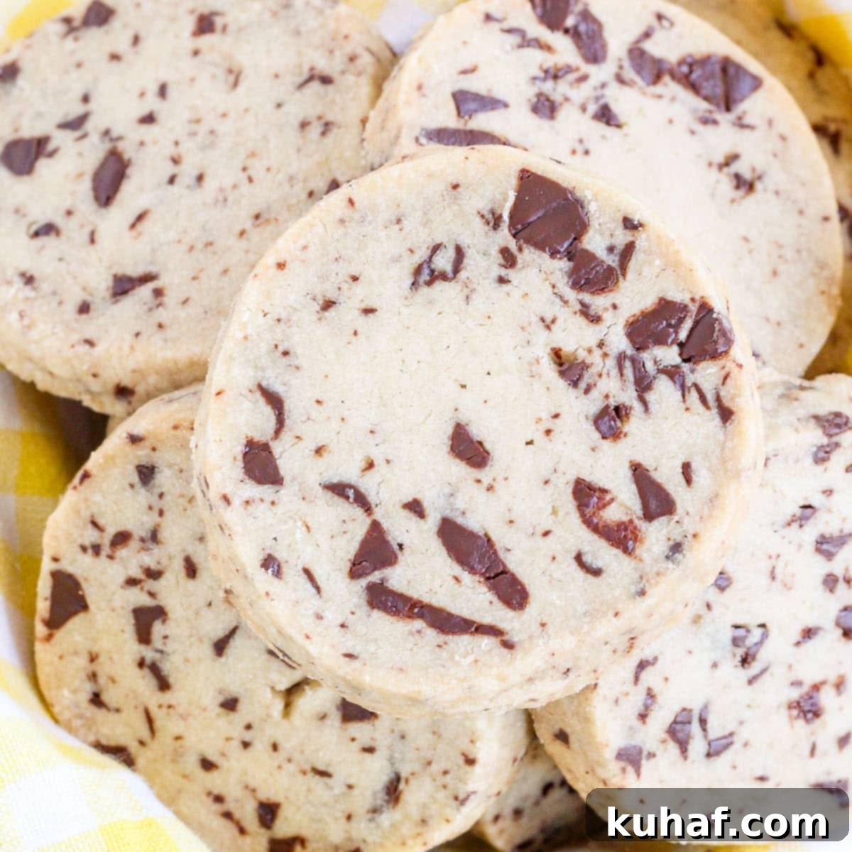 Chocolate Chip Shortbread Cookies in yellow towel.