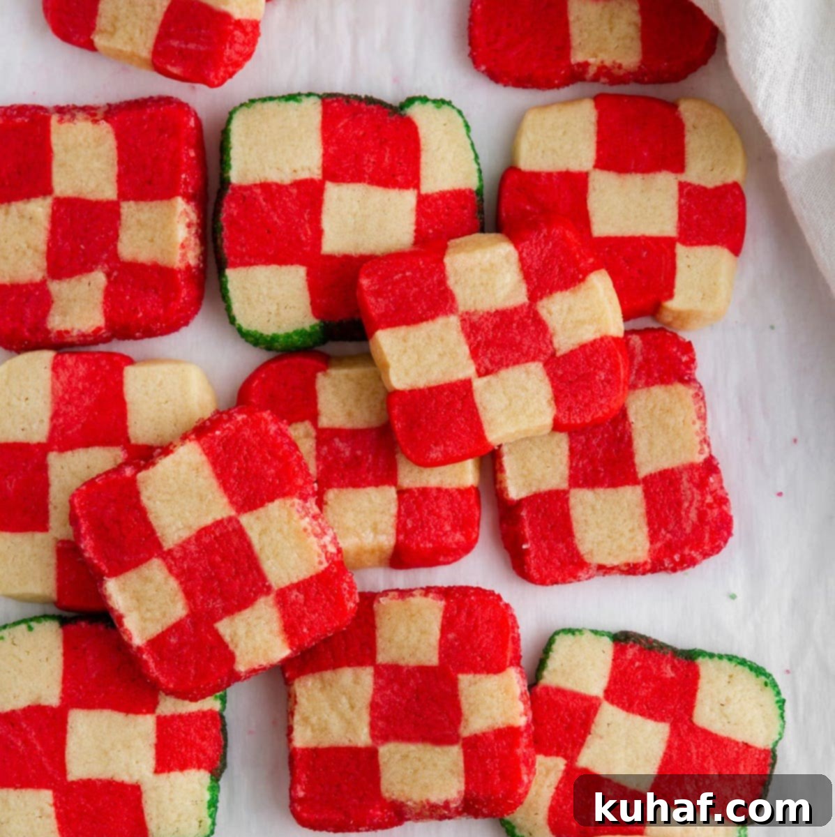 white and red peppermint checkerboard cookies.