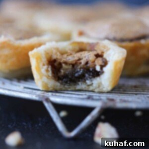Pecan tassie on a dark background with flaky layered crust.