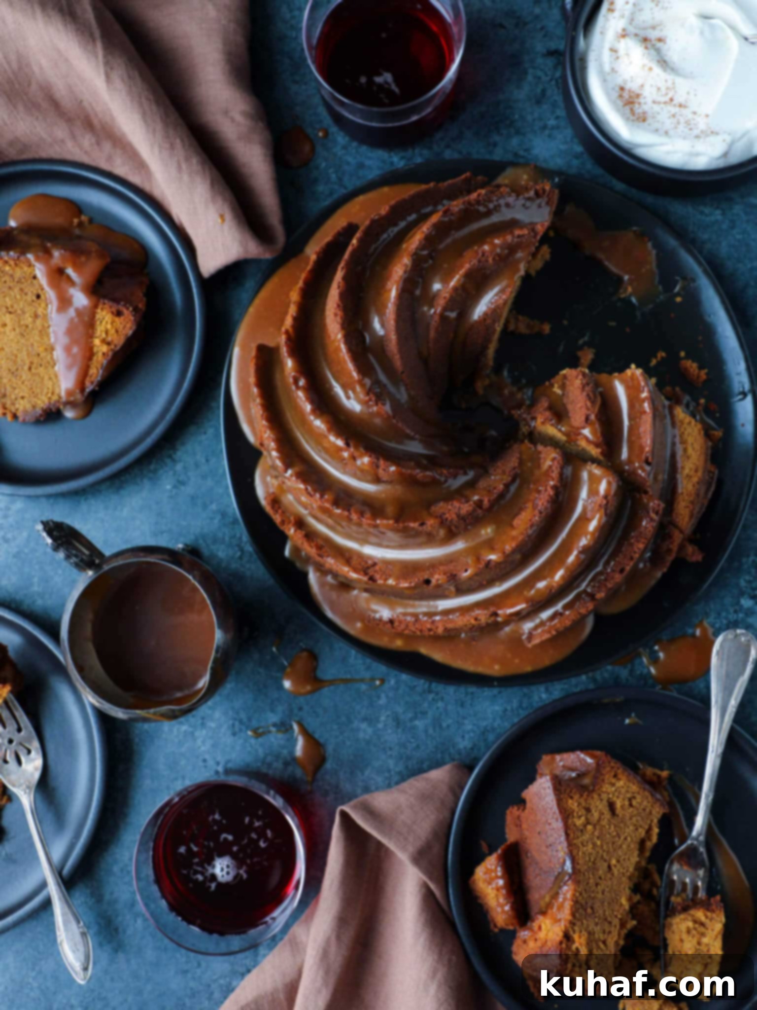 Caramel Molasses Pound Cake Tablescape - A beautifully presented spiced pound cake with caramel glaze.