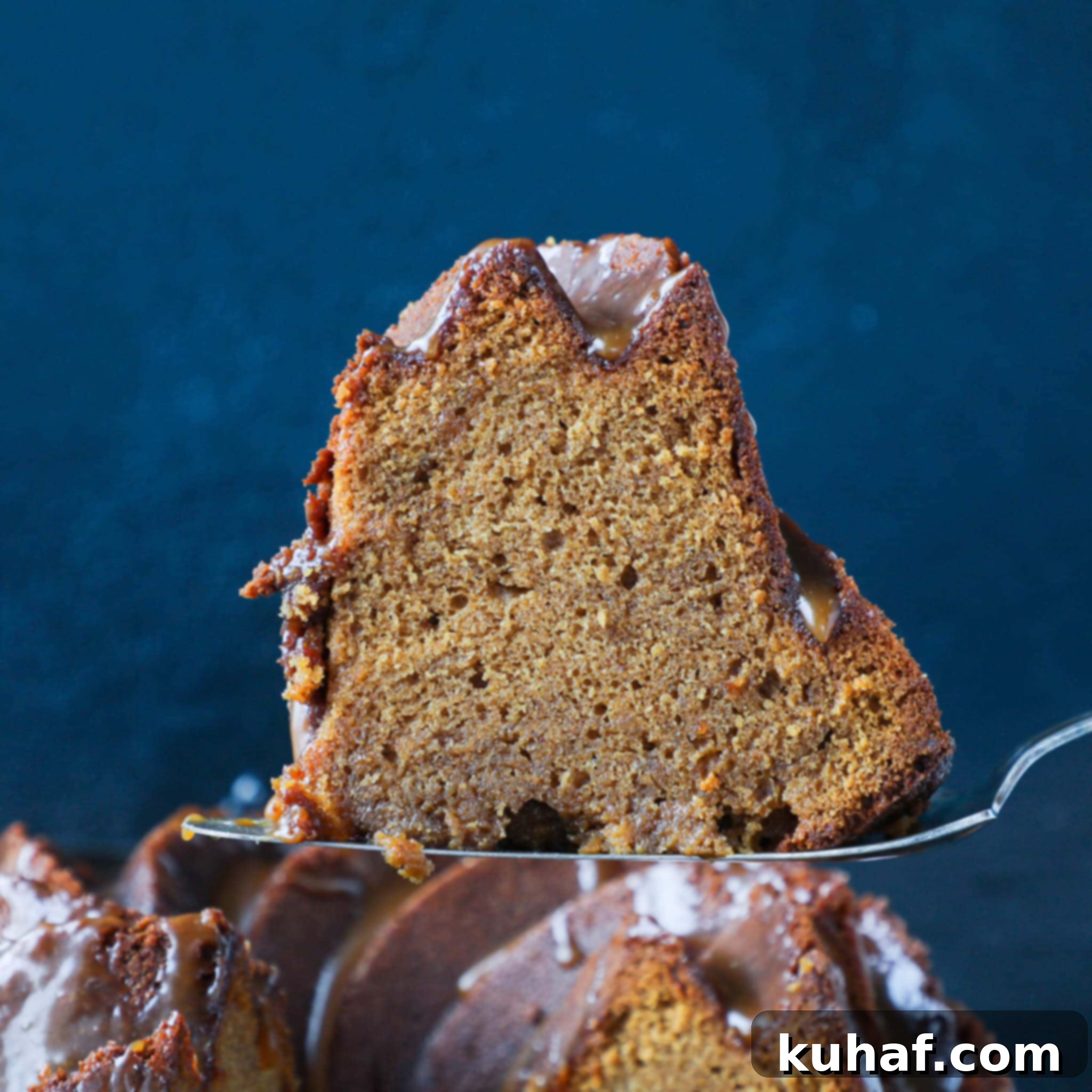 Caramel Molasses Pound Cake Crumb Shot - A close-up view of the moist, dense crumb texture.