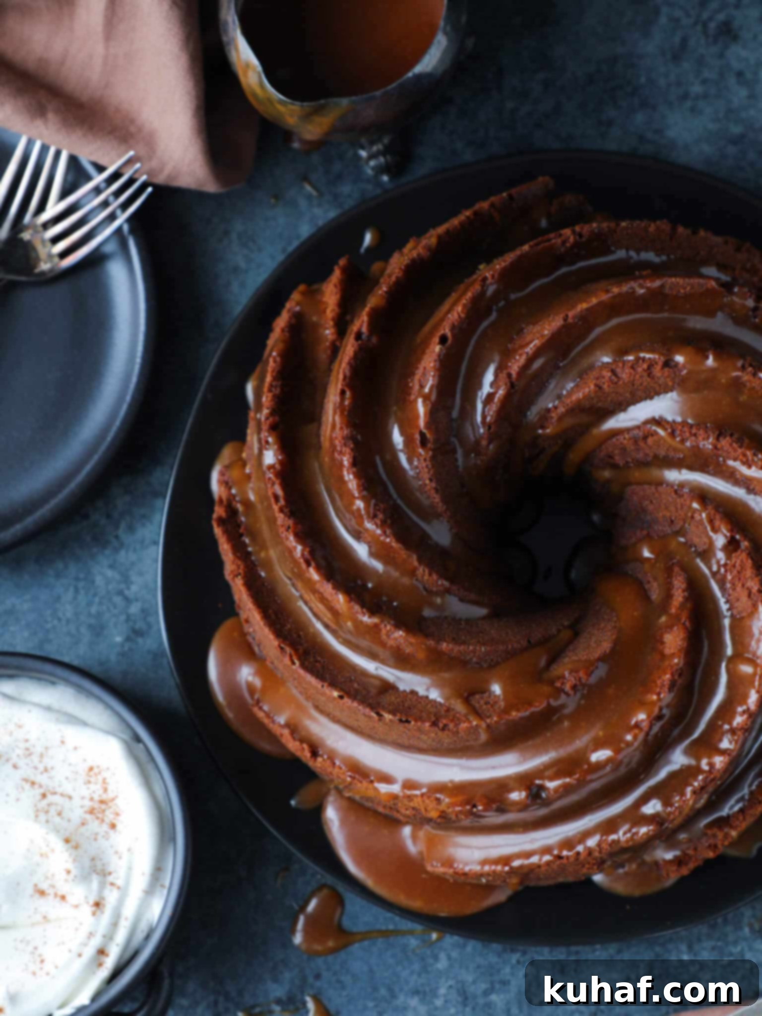 Bundt Dessert Caramel Sauce - A beautifully adorned caramel molasses pound cake with a rich caramel drizzle.
