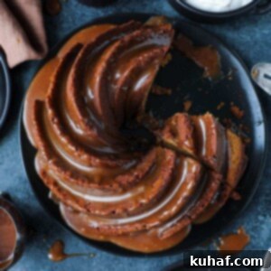 Caramel Molasses Pound Cake Stunning Overhead - A whole bundt cake with caramel glaze.