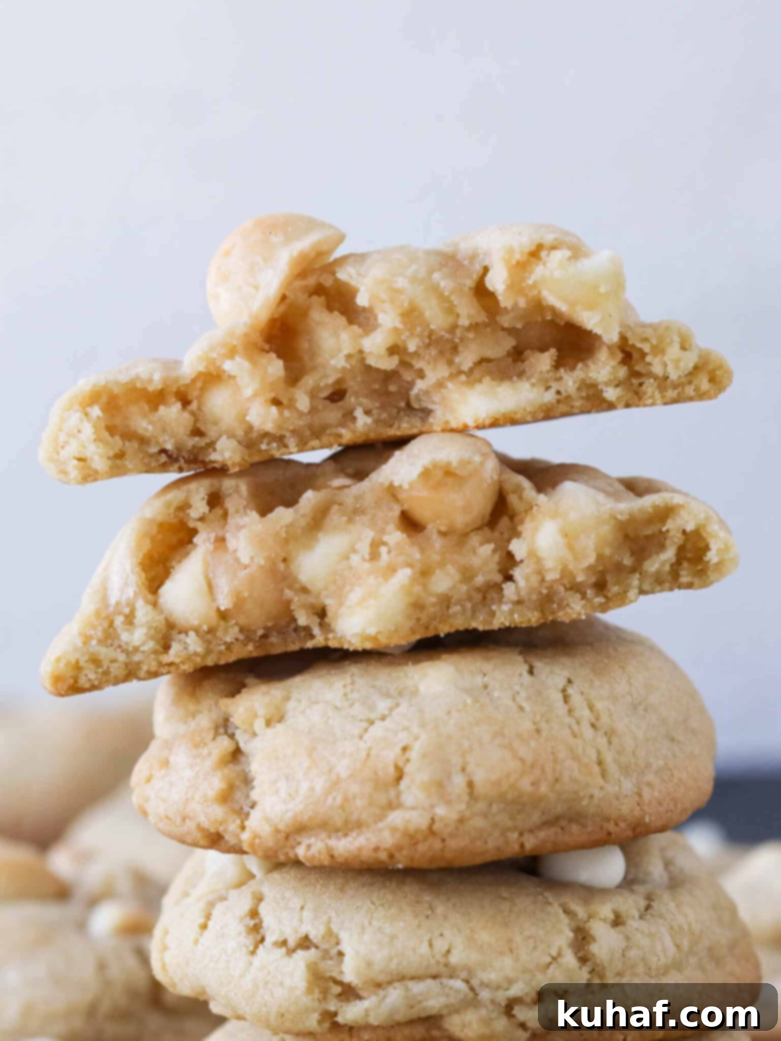 White Chocolate Macadamia Nut Cookies stacked with the top two broken in half.