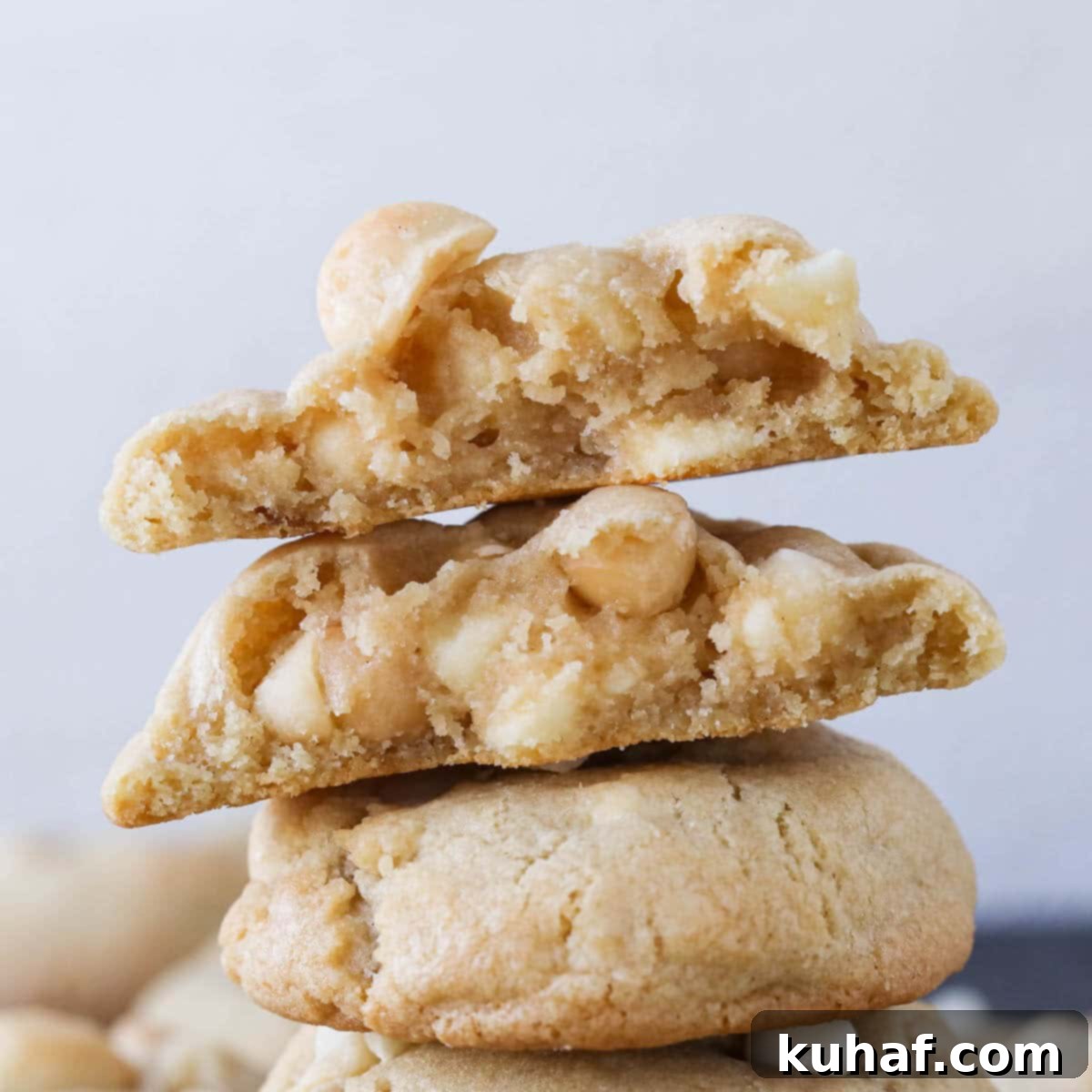 White Chocolate Macadamia Nut cookies in a stack of three.