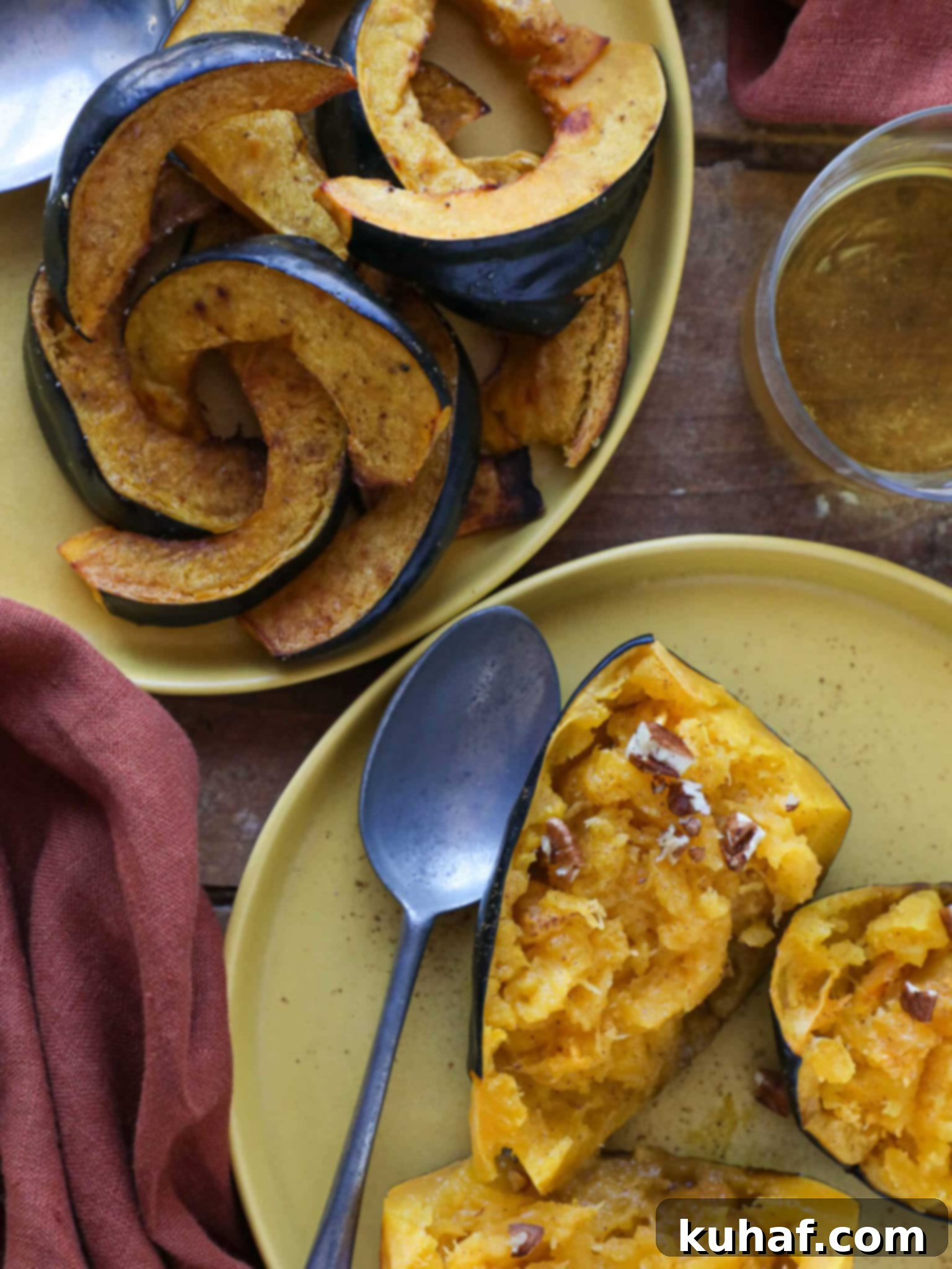 Brown Sugar Baked Acorn Squash Overhead, a beautifully shot overhead view of two roasted acorn squash halves in a cast iron skillet.