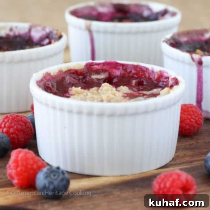 A scoop of vanilla ice cream melting on top of a warm individual blueberry raspberry crumble.