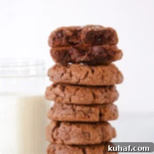 Quick Chocolate Treats 19 double Chocolate Chip Cookies Stacked next to milk.