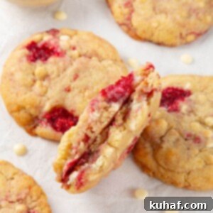 Quick Chocolate Treats 21 A white chocolate raspberry cookie broken in half, showing its chewy texture and gooey chocolate chips.