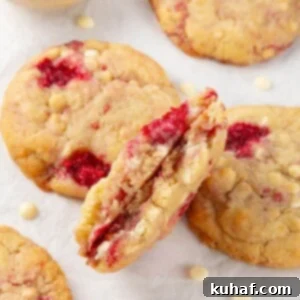 Romantic Valentine's Desserts 10 A white chocolate raspberry cookie broken in half, showing its chewy texture and gooey chocolate chips.
