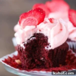 Romantic Valentine's Desserts 22 Red Velvet White Chocolate Cupcake, unwrapped closeup.