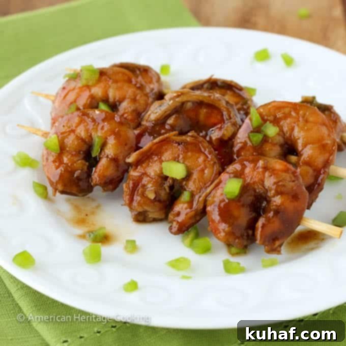 Close-up of Spicy Barbecue Beer Shrimp on skewers