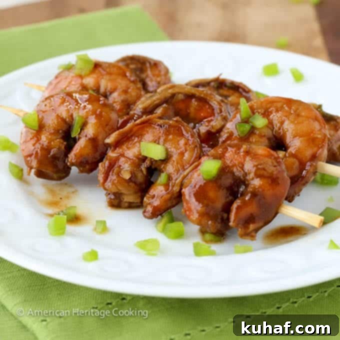 Three skewers of Spicy Barbecue Beer Shrimp