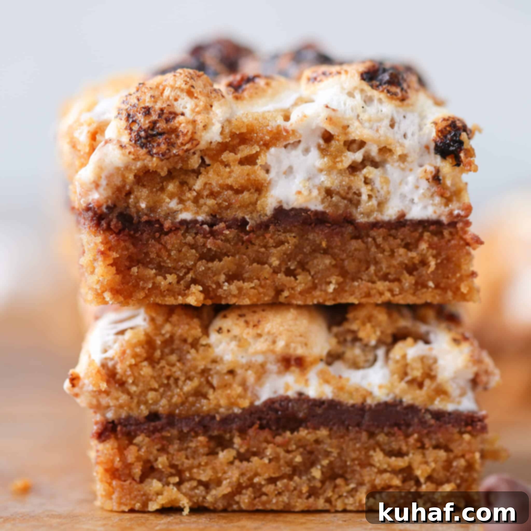 Gooey S'mores Crumble Bars 4 Close-up of the interior texture of a Soft Chewy S'mores Crumble Bar, showing melted chocolate and marshmallow