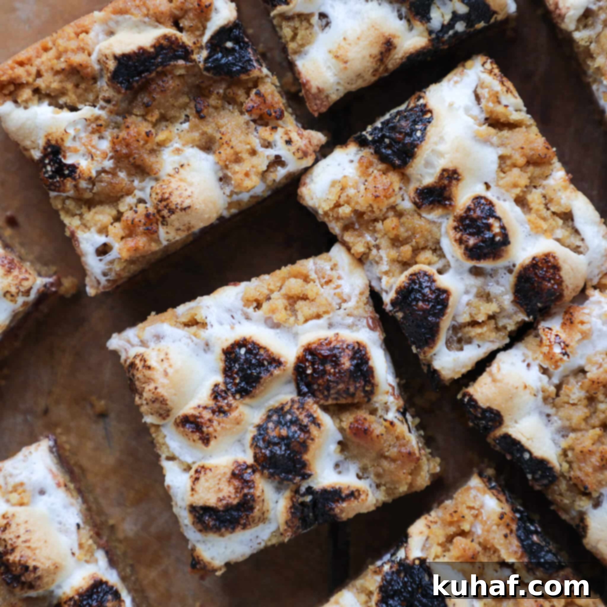 Gooey S'mores Crumble Bars 6 Detailed top view of a Soft Chewy S'mores Crumble Bar, showing toasted marshmallows and crumble