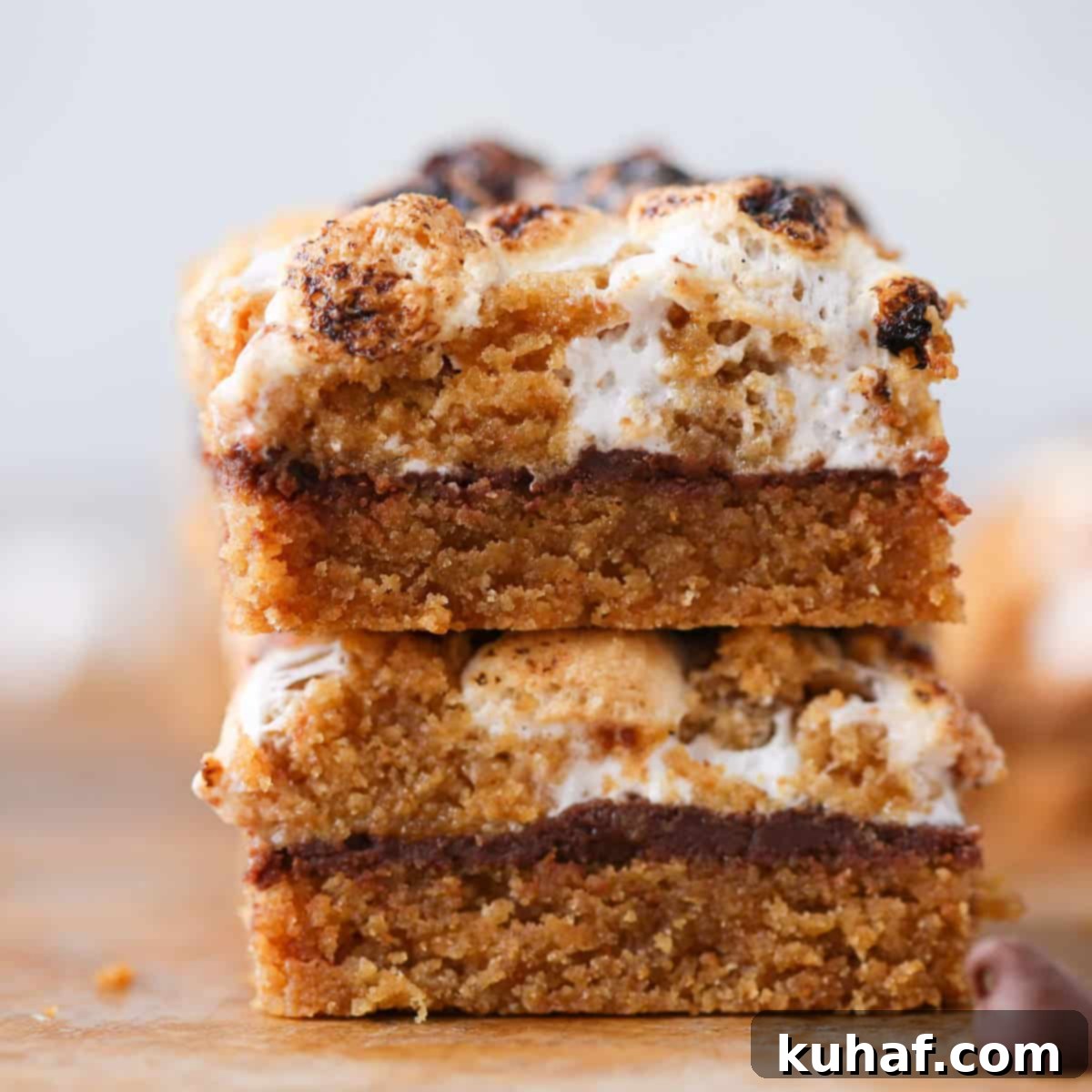 Gooey S'mores Crumble Bars 7 Stack of freshly sliced Soft Chewy S'mores Crumble Bars