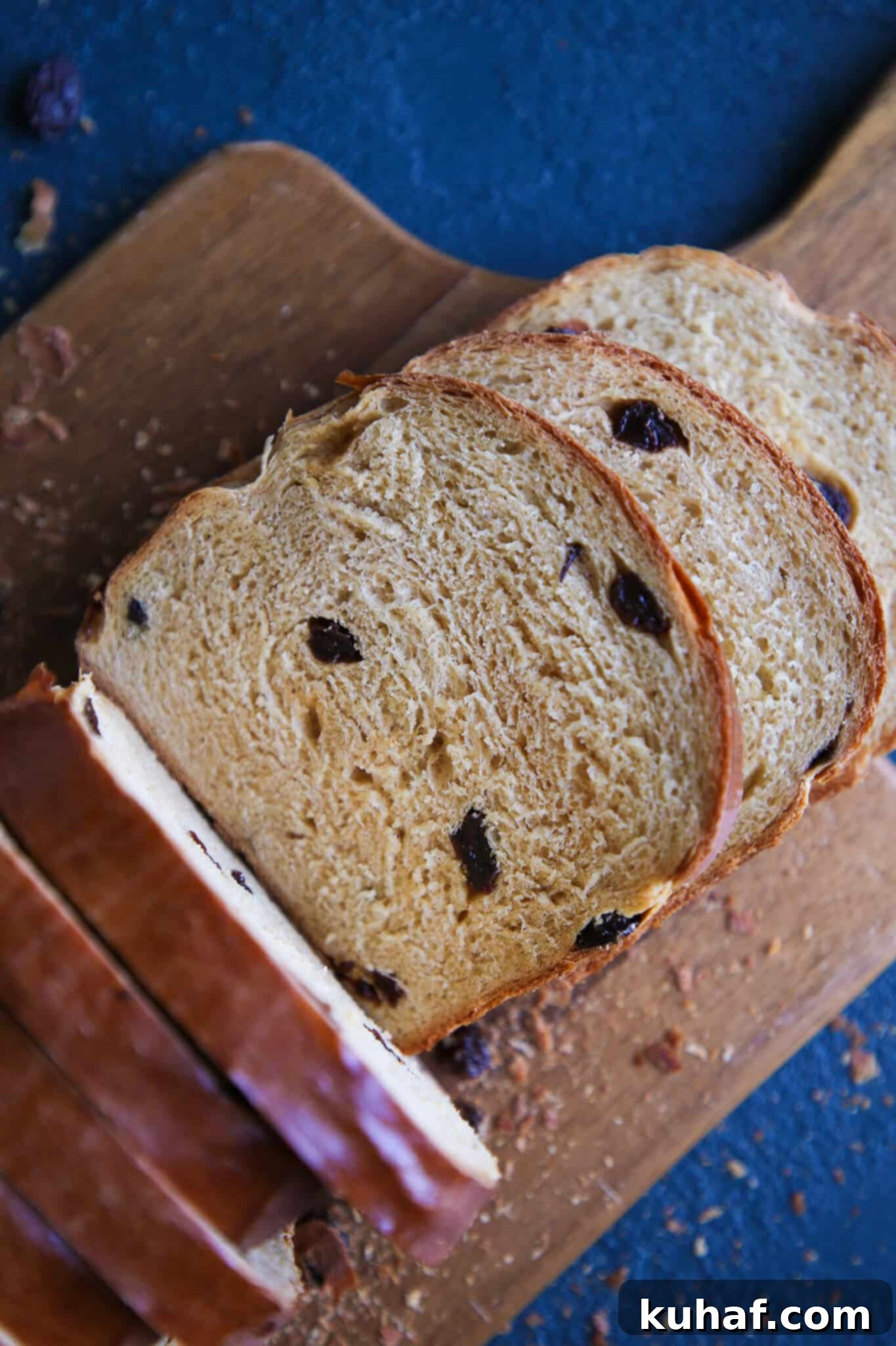 Old Fashioned Raisin Bread Loaf sliced raisin studded.