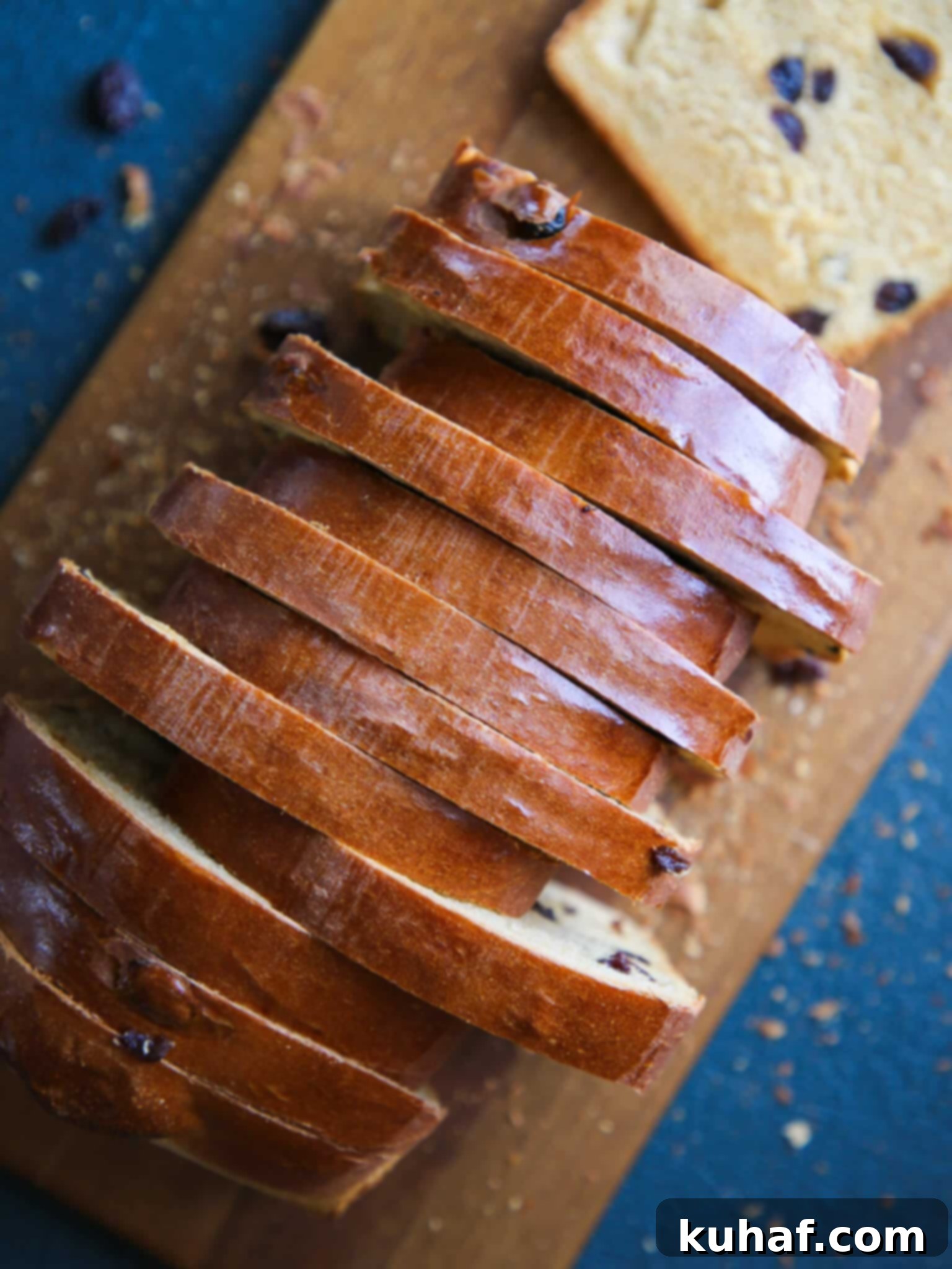 Old Fashioned Raisin Bread Loaf thinly sliced golden crust.