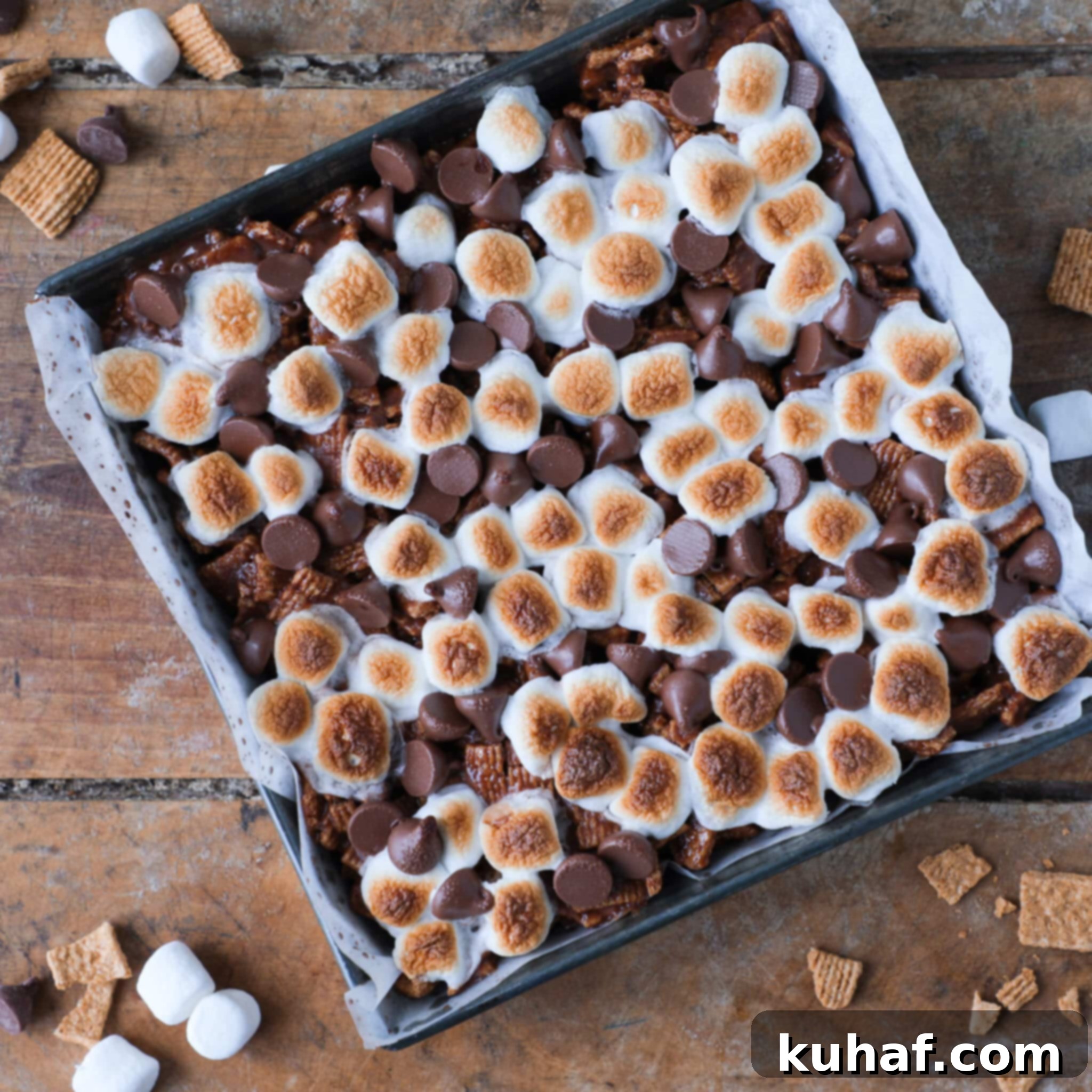 No Bake Golden Graham Smores Bars uncut in vintage baking pan