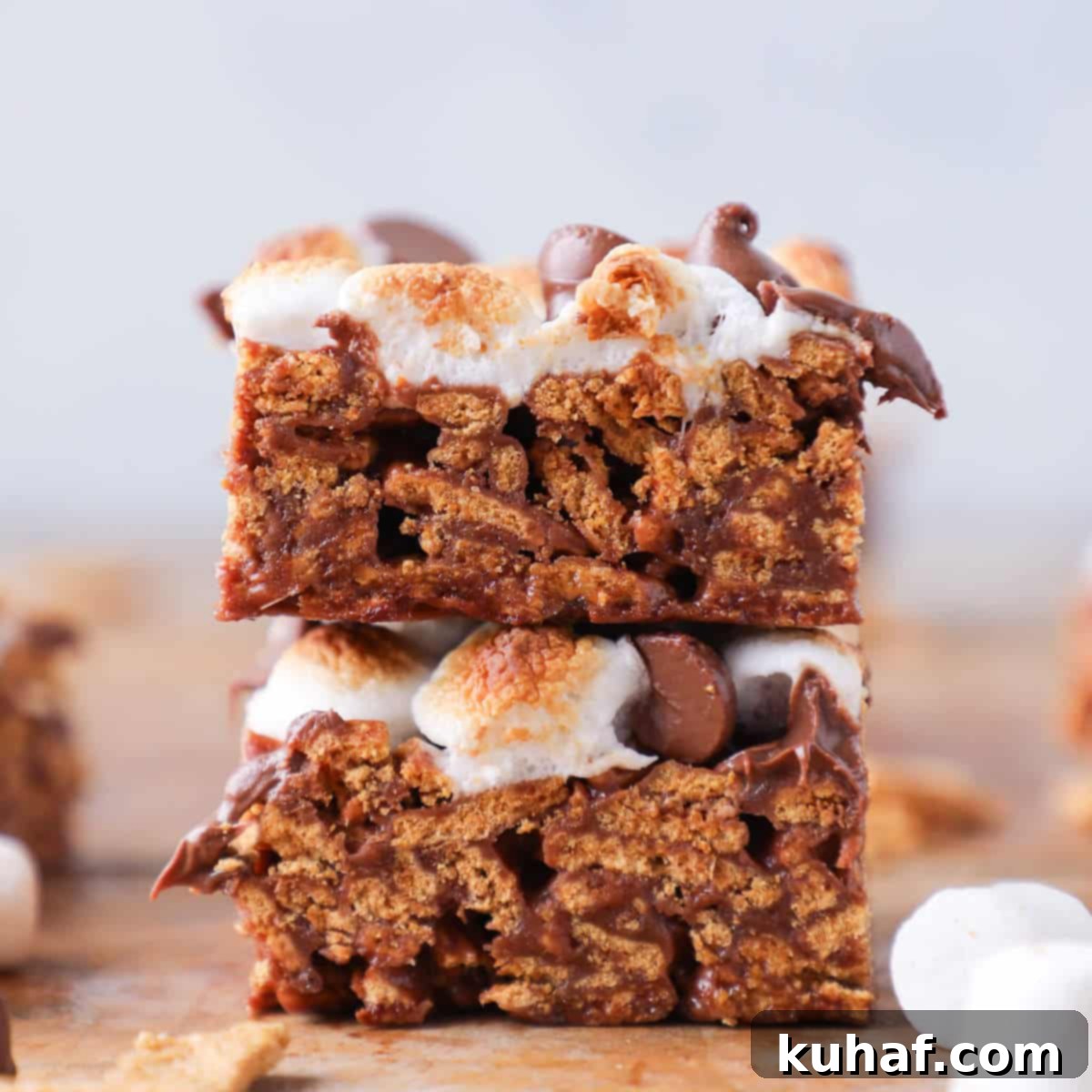 No Bake Golden Graham Smores Bars sliced stacked
