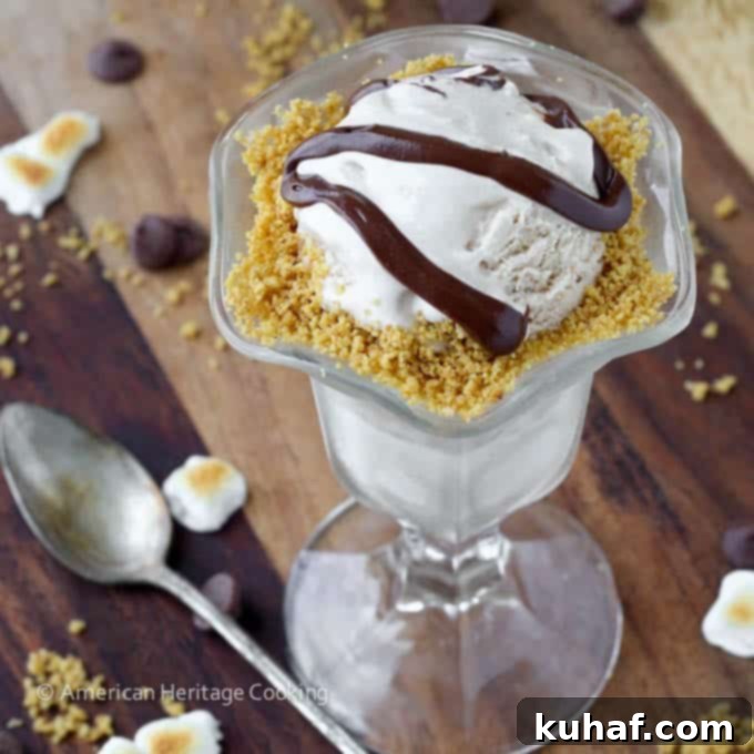 A vintage loaf pan filled with churned Toasted Marshmallow Smores Ice Cream before being frozen solid