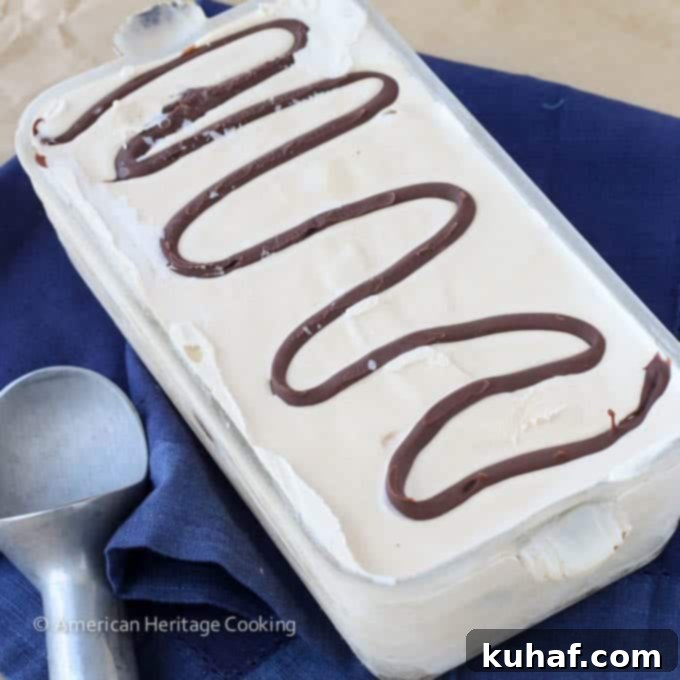 A close-up of a vintage loaf pan holding freshly churned Toasted Marshmallow Smores Ice Cream