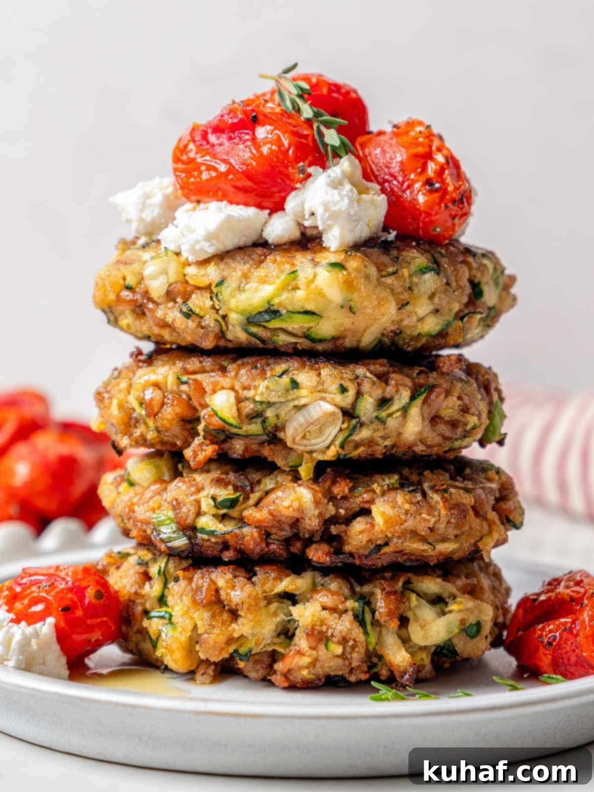 Stack of four crispy zucchini fritters adorned with crumbled goat cheese and slow-roasted tomatoes, inviting a delicious summer meal.