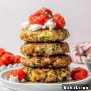 A delectable stack of four crispy zucchini fritters, elegantly presented with creamy goat cheese and vibrant slow-roasted tomatoes on a pristine white plate, making for an enticing summer dish.