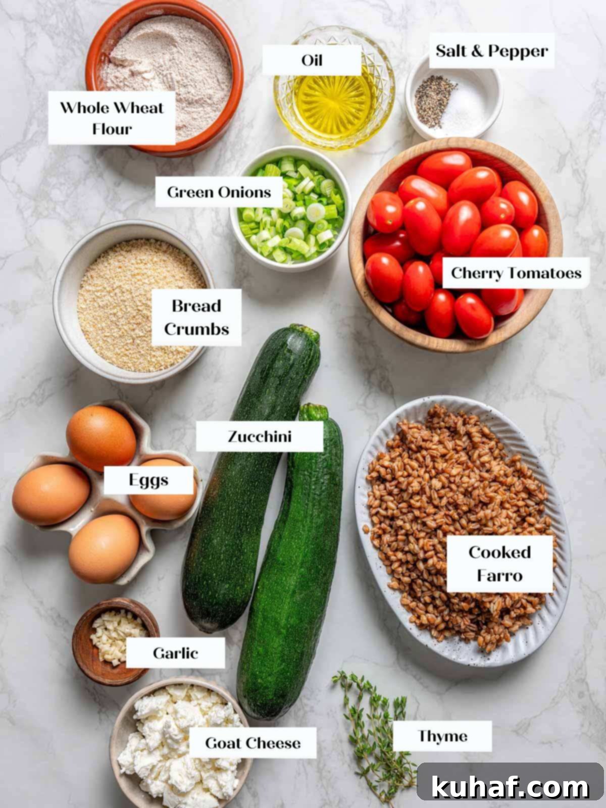 A beautiful marble countertop showcasing all the fresh ingredients for making zucchini fritters, including shredded zucchini, farro, breadcrumbs, green onions, and spices, ready for preparation.