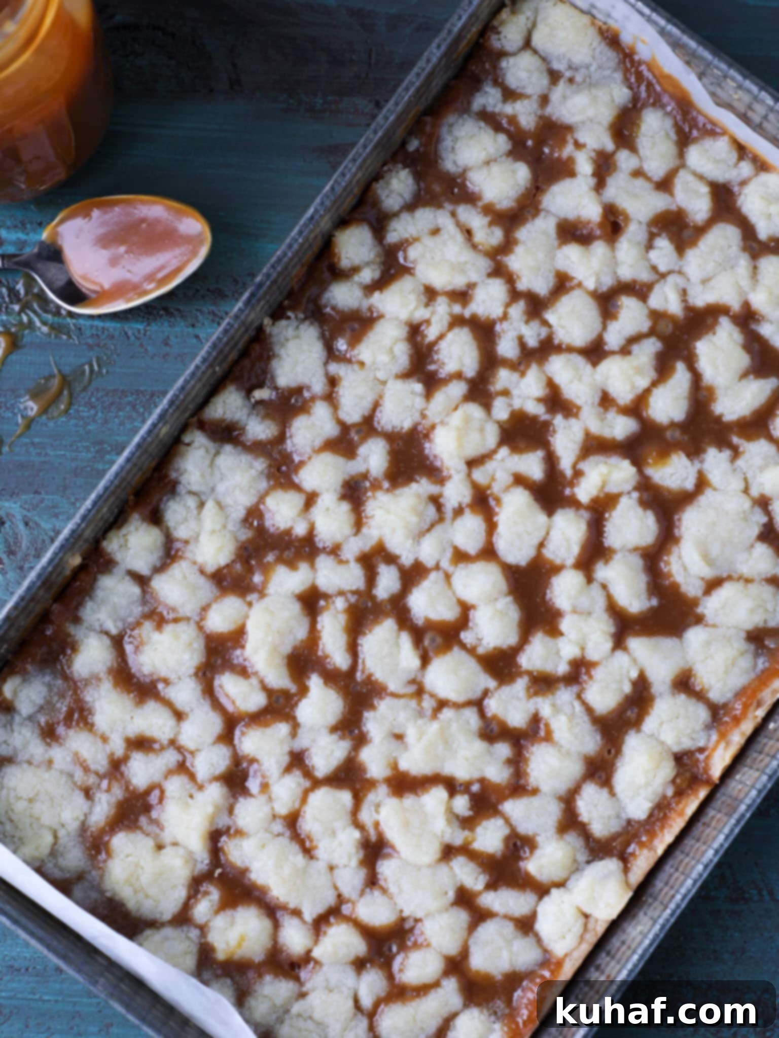 Caramel Butter Bars unsliced in vintage baking pan