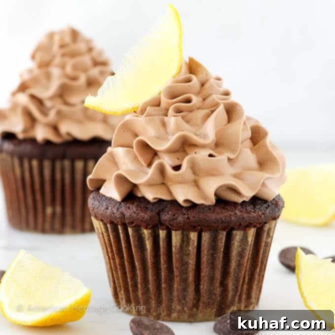 Velvet Chocolate, Citrus Burst Cupcakes 2 Double Chocolate Lemon Surprise Cupcakes - Overhead view of finished cupcakes with zest