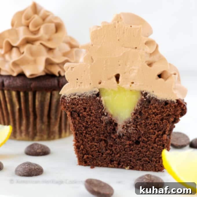 Velvet Chocolate, Citrus Burst Cupcakes 3 Double Chocolate Lemon Surprise Cupcakes - Close up of frosted cupcakes ready to be served