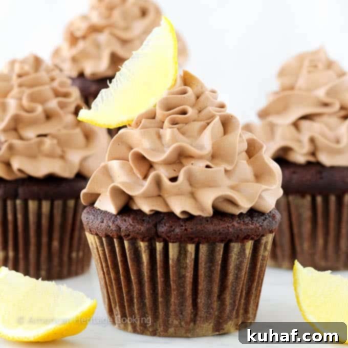 Velvet Chocolate, Citrus Burst Cupcakes 4 Double Chocolate Lemon Surprise Cupcakes - Cut open cupcake revealing lemon curd