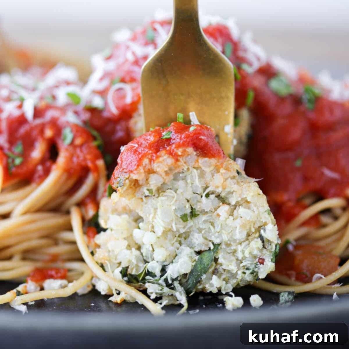 Quinoa Vegetarian Meatball on fork detailed