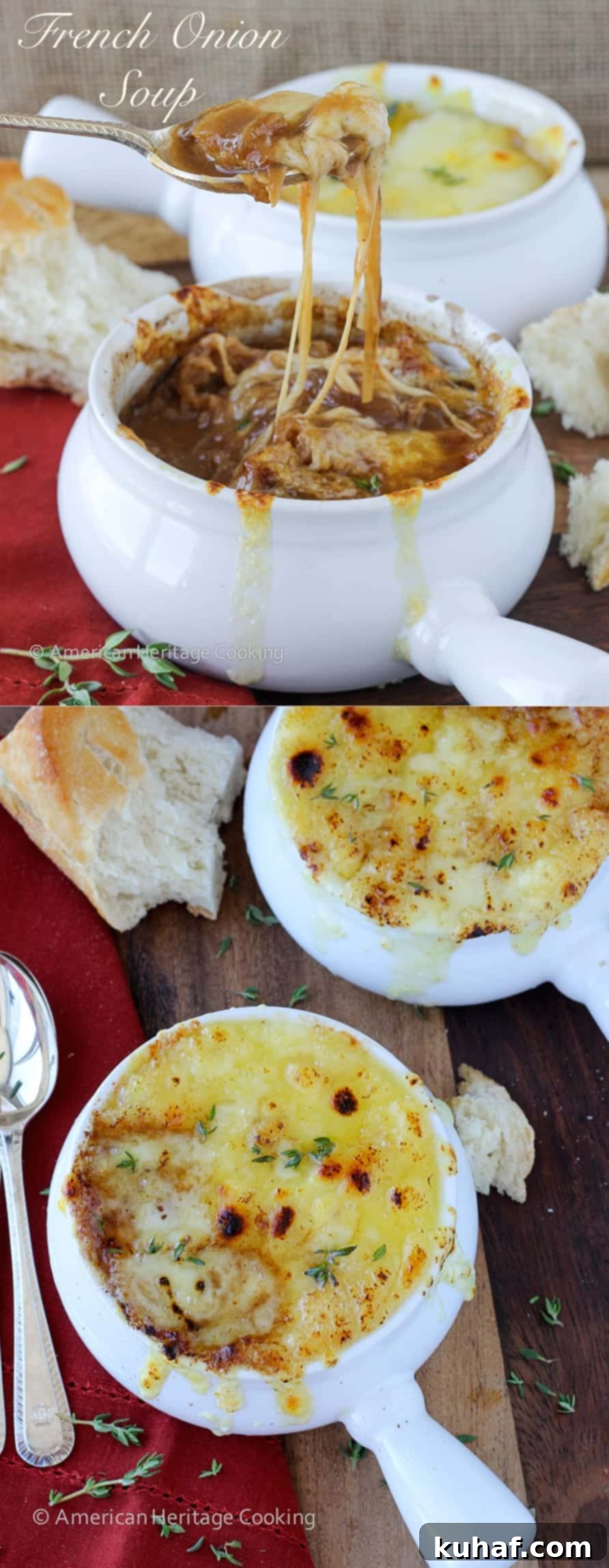 Homemade French onion soup in white bowls with melted cheese on top and little brown bubbling cheese spots.