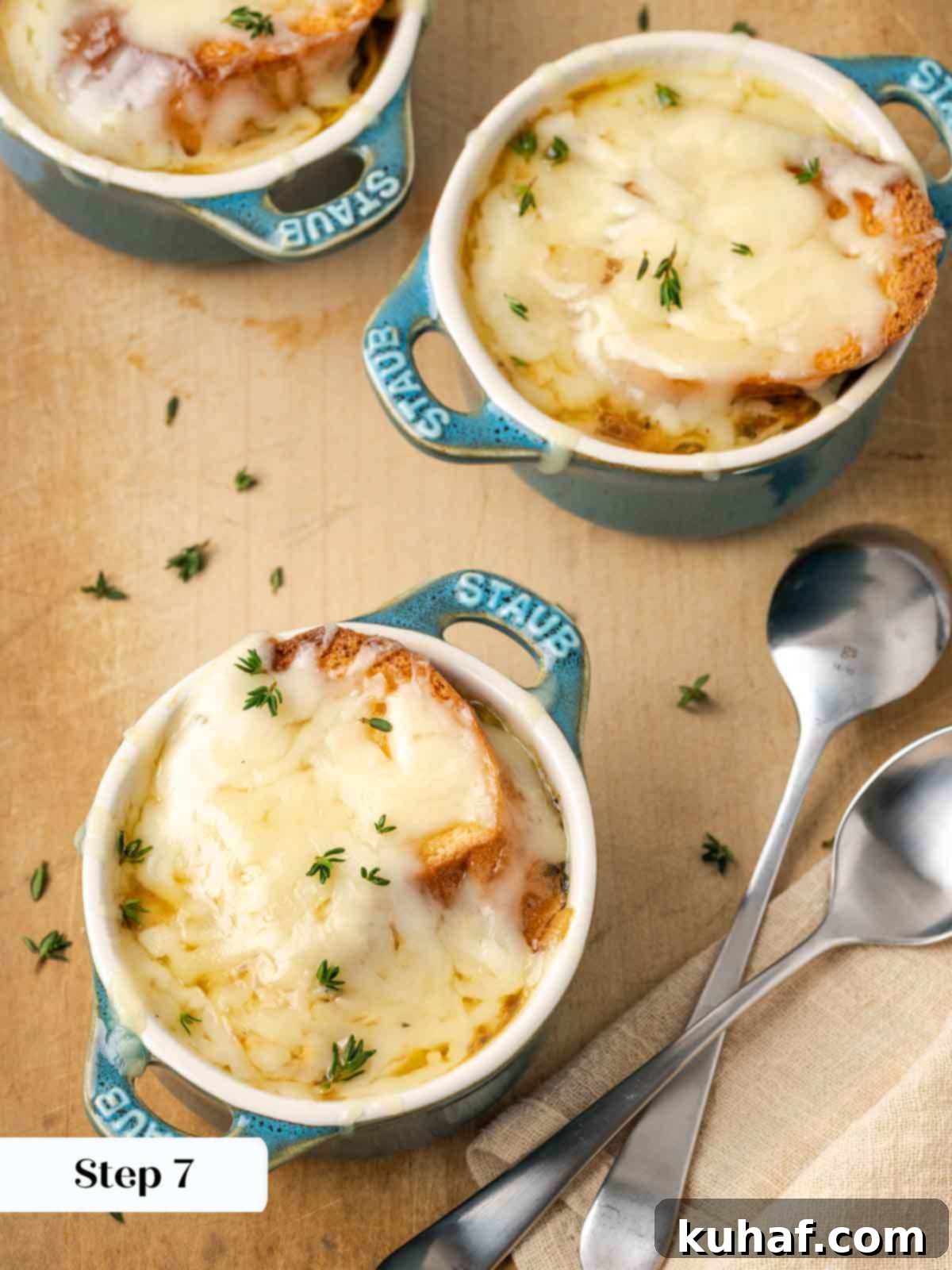 baked french onion soup in 3 dishes.
