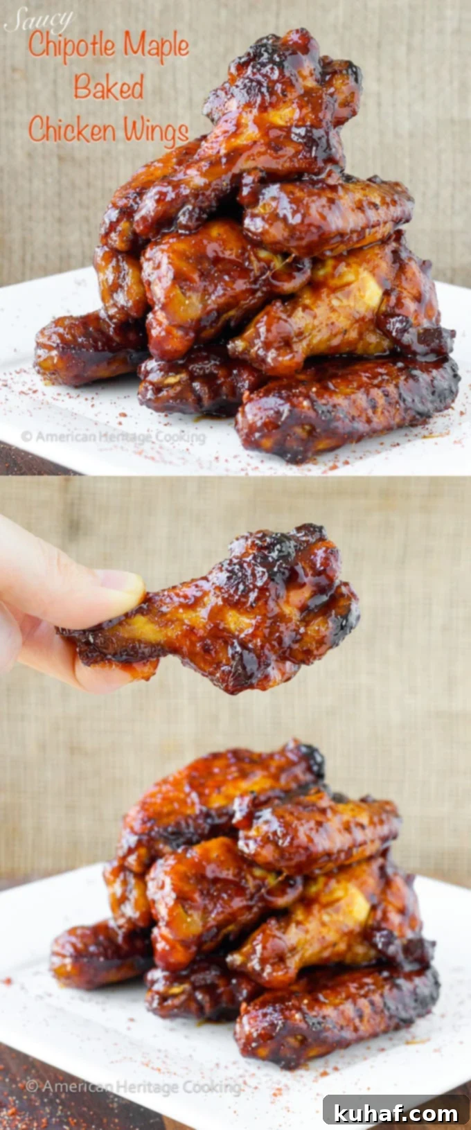 Two stacks of perfectly baked and sauced chicken wings, showcasing their crispy skin and glossy glaze.