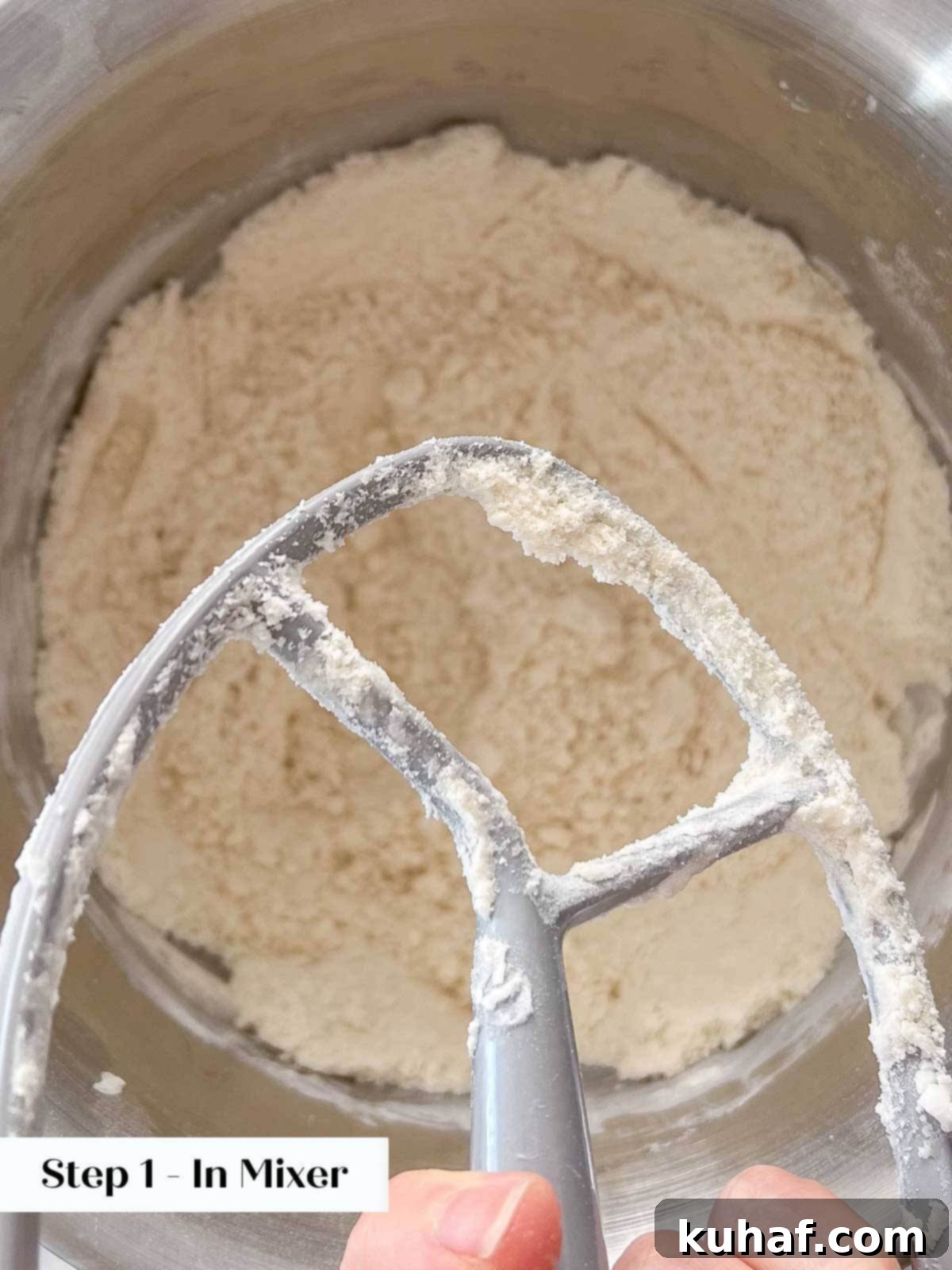 Crisco shortening cut into flour using a stand mixer with a paddle attachment.